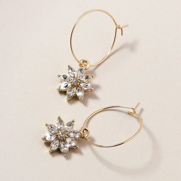 Any 2/$20! Gold Wire Crystal Flower Hoop Earrings - Picture 2 of 5